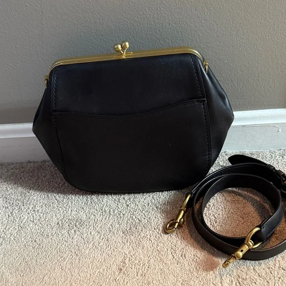 Coach Black Leather Crossbody Kisslock Bag with Gold Accents - Picture 2 of 8